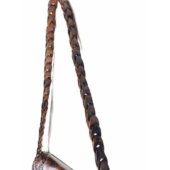 Vintage 70s Stitched Tooled Leather Braided Shoulder Strap Fringe Handbag Purse - Picture 6 of 12